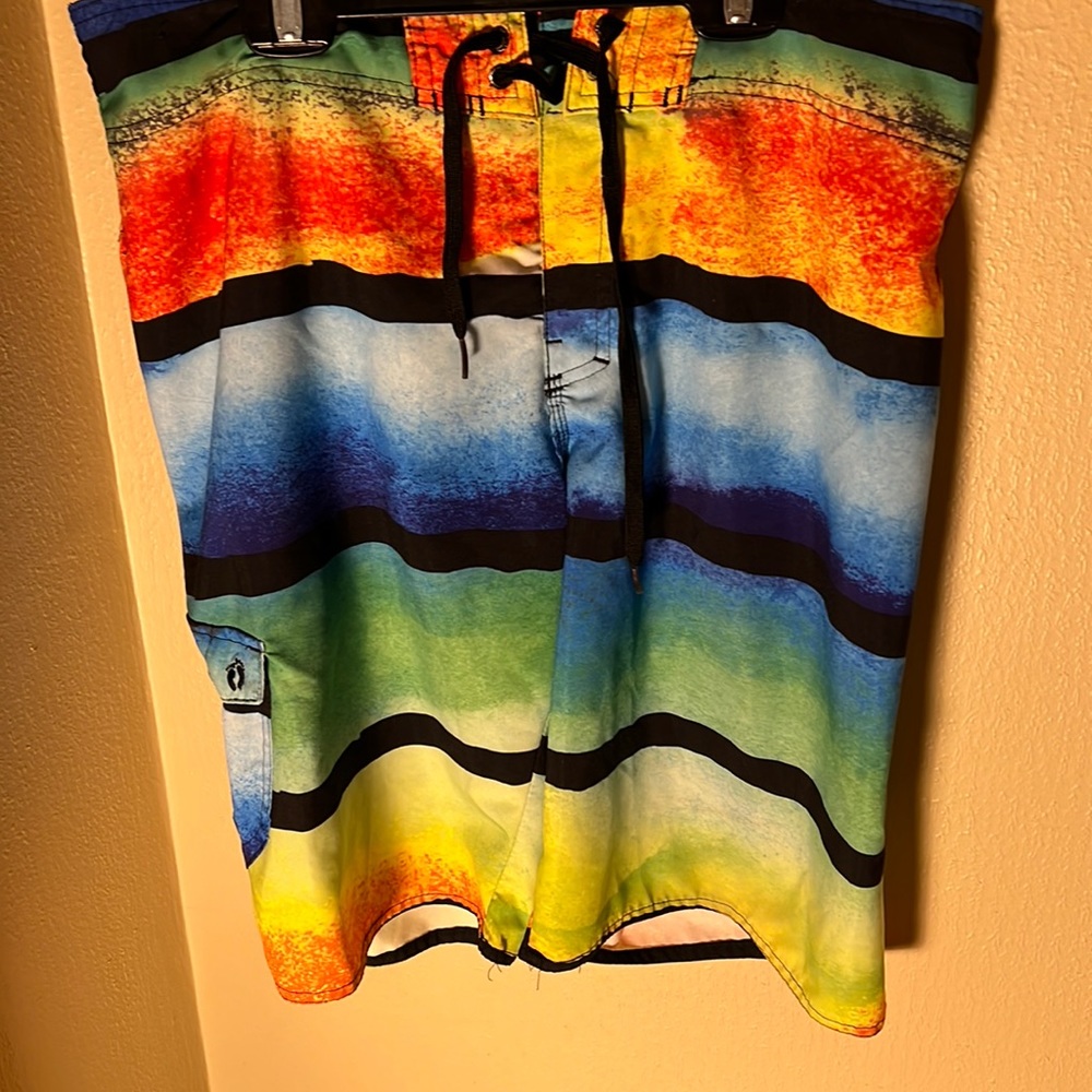 Hang Ten Mens Striped Boardshorts Color Orange/Green/Blue Size Waist 34”